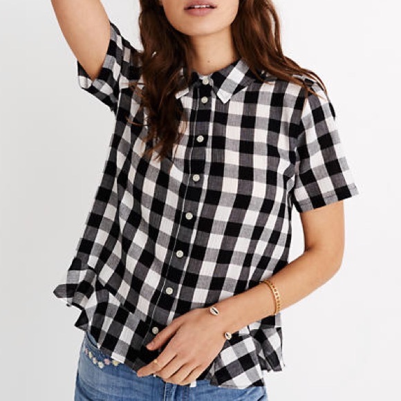 Madewell Black/White Gingham Peplum Short Sleeve Button Down Shirt Size S - Picture 3 of 13